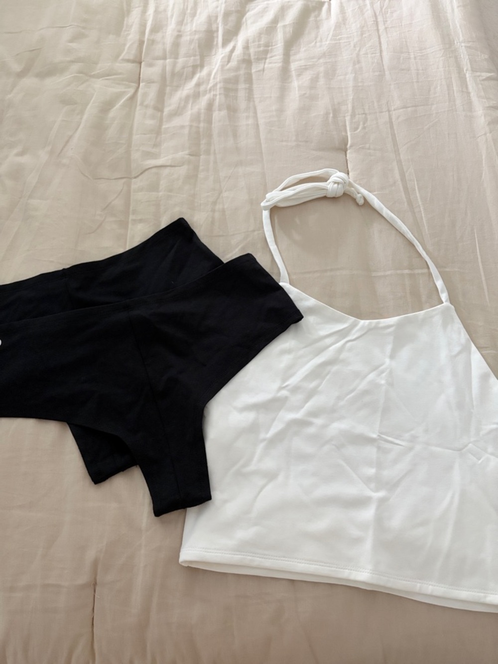 White Halter Crop Top and 2 black panties/thong L NWT